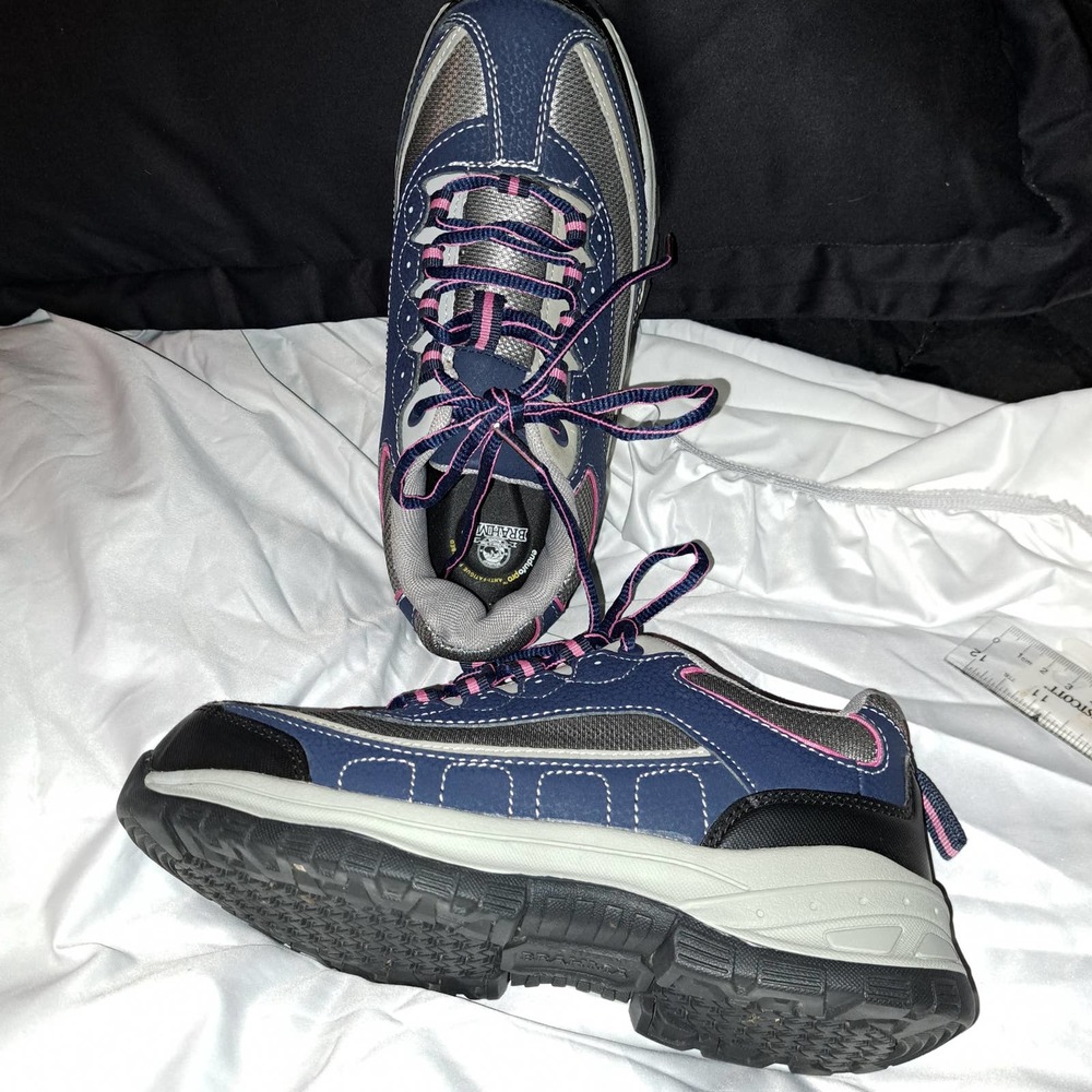 NEW Brahma Sarah St Work Safety Steel Toe Gray Pink Lace Shoes, 6